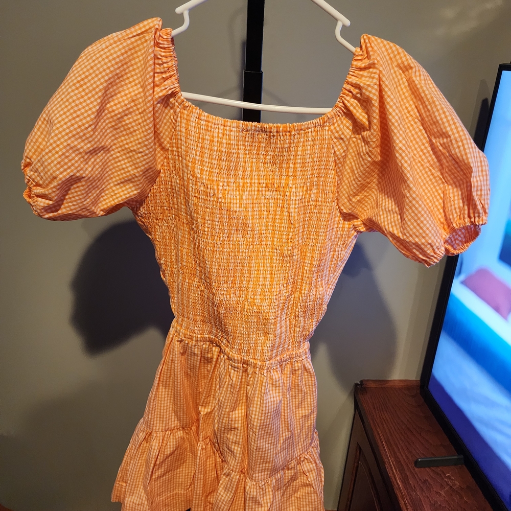 Orange Gingham Puff-Sleeve Smocked Mini Dress‎